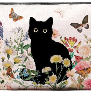 Black Cat Makeup Bag, Cat Vintage Flowers Cute Cosmetic Bag, Cat Gifts for Women